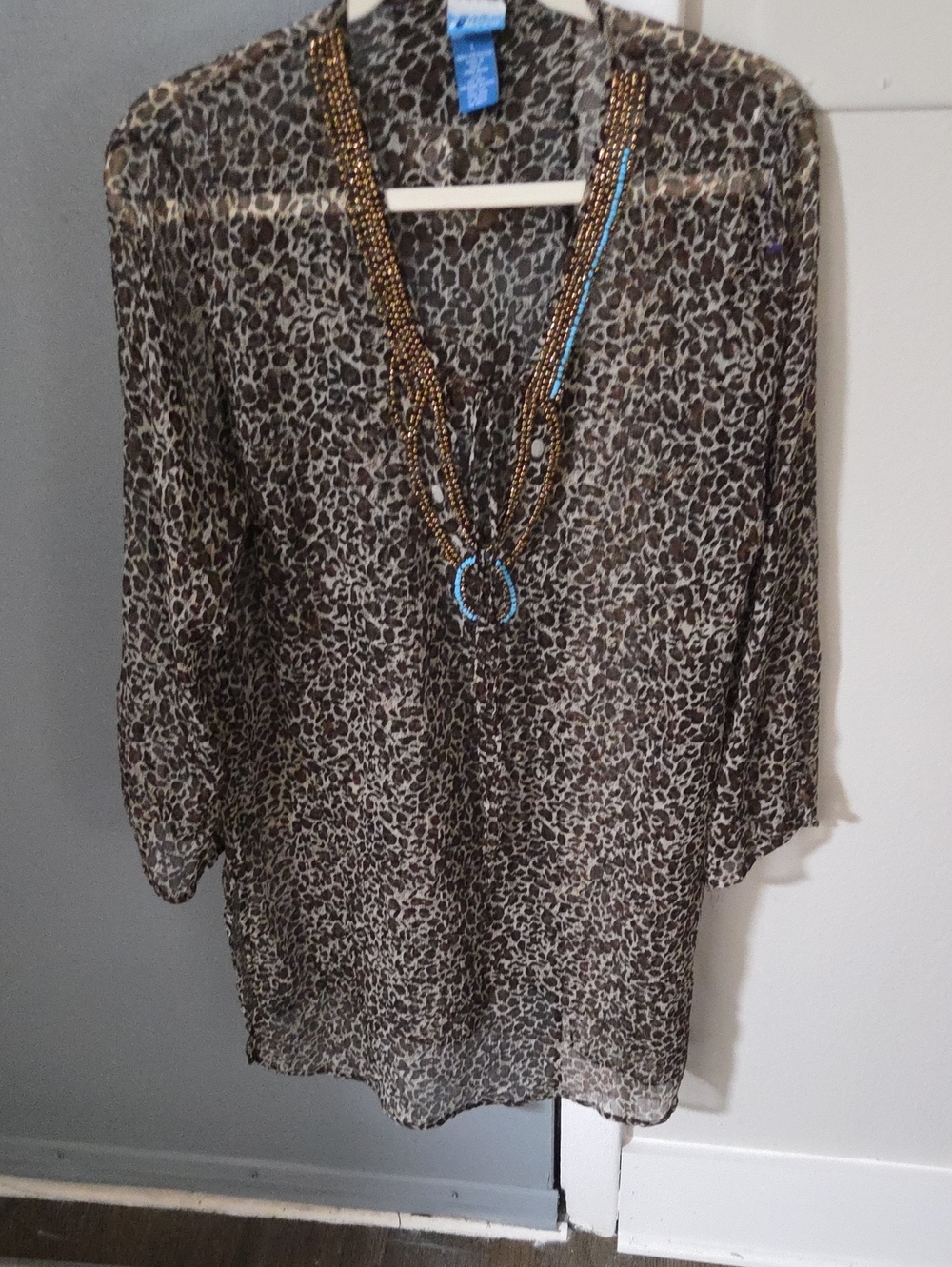 Leopard Print Sheer Swim Coverup with Beaded Neckline - Brown